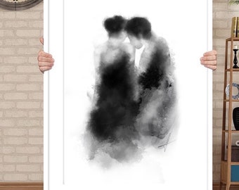 Watercolour lovers Print | couple kissing| Wall art decor|fashion prints| romantic prints|Black white grey neutral decor  | classy elegant