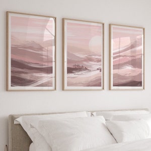 Landscape sunrise Art Prints | pink wall art decor |thick brushstrokes | set of 3 prints|blush dusty pink decor| Indi boho style art
