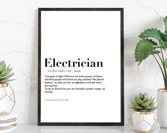 Electrician Definition Print, Funny Trade Gift, Black and White Office Decor