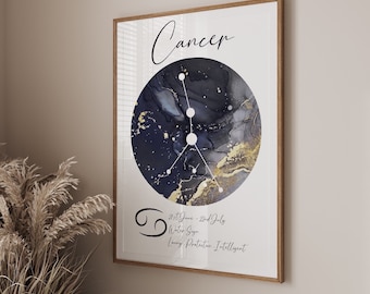 Cancer zodiac wall art, constellation print, water sign decor, framed astrology gift, celestial star sign, minimalist birth sign poster