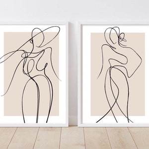 Woman line Art Print| Female line drawing|  Wall decor|fashion prints| romantic prints|Beige neutral| classy elegant abstract art| set of 2