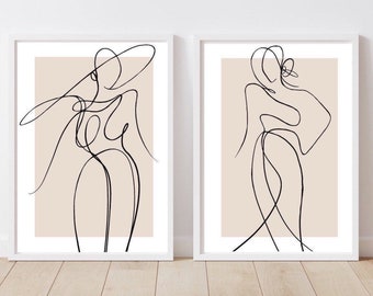 Woman line Art Print| Female line drawing|  Wall decor|fashion prints| romantic prints|Beige neutral| classy elegant abstract art| set of 2