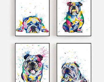 English Bulldog Prints | wall art decor | watercolour painting | British bulldog poster |Bulldog decor | set of 4| Bulldog gifts