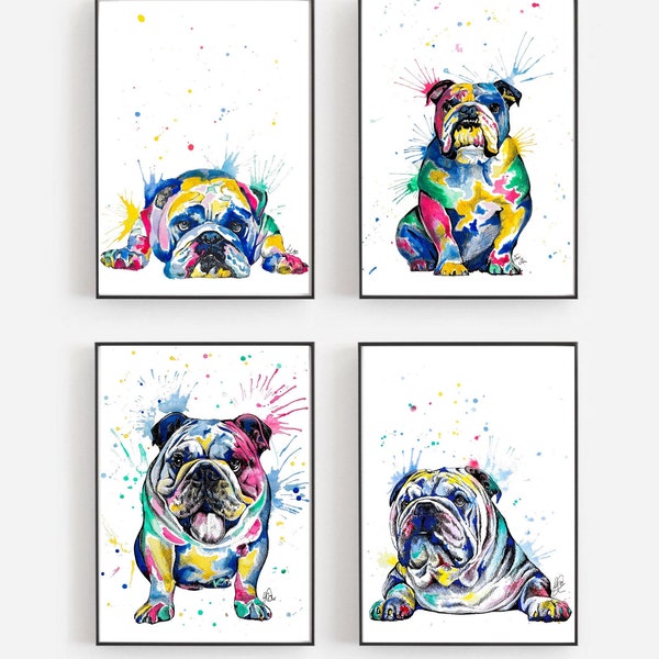 English Bulldog Prints | wall art decor | watercolour painting | British bulldog poster |Bulldog decor | set of 4| Bulldog gifts