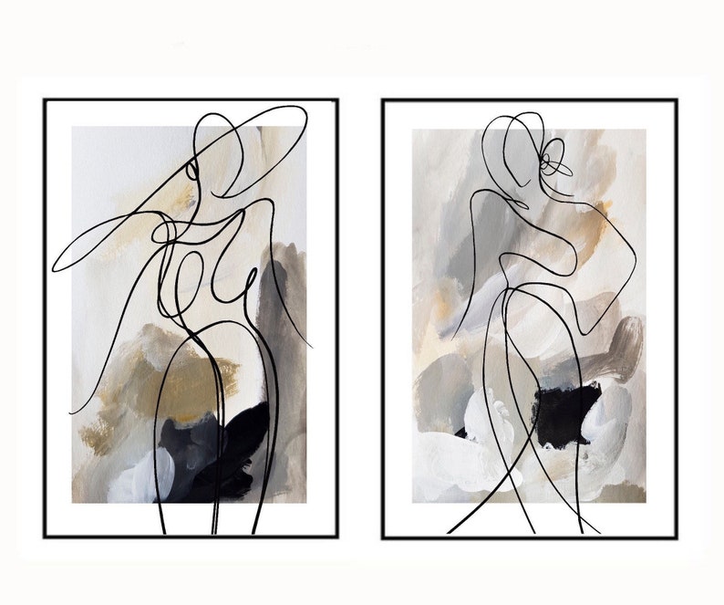 May include: Two abstract line drawings of figures in black on a beige and white background. The figures are outlined in black and are set against a background of abstract brushstrokes in beige, brown, and white.