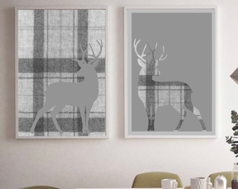 Tartan stag prints| Set of 2 | Country check |Country wall art |Rustic farmhouse pictures| Woodland deer|cosy home decor| Neutral tweed grey