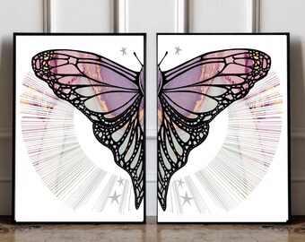 Butterfly Print| wall art line |fluid art | alcohol inks|marble prints| butterfly wings | pretty elegant art| set of 2| pink lilac green