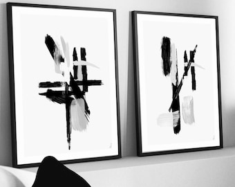 Abstract wall Art Prints| Black white Grey  prints| Neutral colour decor| Set of 2 prints| Boho prints| Brushstroke texture art|