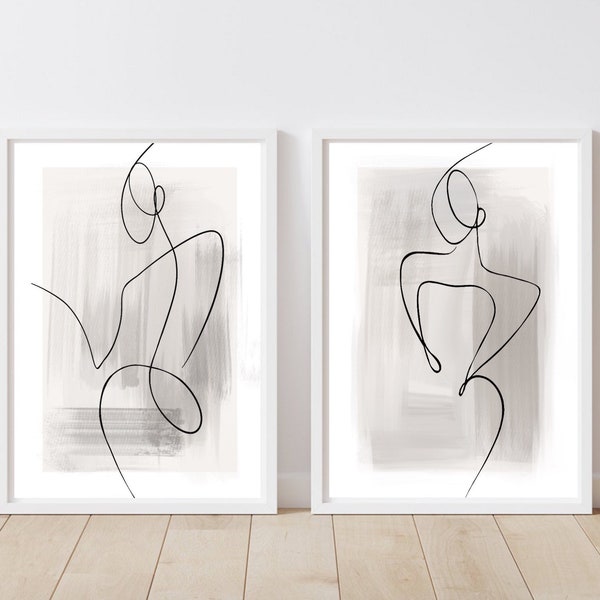 Woman line Art Print| Female body line| set of 2 prints| cream grey paint brush strokes|elegant classy prints |boho prints| abstract prints