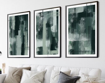 Acrylic Paint abstract Art Prints|Green sage dark emerald| Modern decor|textured decor| block colour brush strokes | set of 3 | Moss