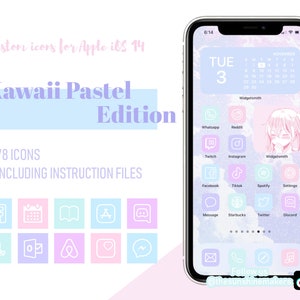 May include: A phone screen displaying a custom iOS 14 home screen with pastel-colored icons and a kawaii anime girl illustration. The text "Kawaii Pastel Edition" is displayed at the top of the screen. The text "Custom icons for Apple iOS 14" is displayed at the top of the screen. The text "78 ICONS" and "INCLUDING INSTRUCTION FILES" are displayed below the phone screen.