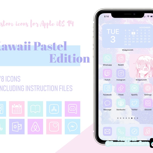 Aesthetic Kawaii Pastel themed Apple iPhone iOS 14 icons pack | Personalised Cotton Candy Background Custom Home Screen Widgetsmith iOS14