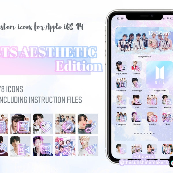 Aesthetic BTS Dynamite themed Apple iPhone iOS 14 icons pack | Personalised Pastel Galaxy Background Custom Home Screen Widgetsmith iOS14