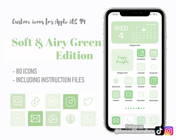 Soft and Airy Green Apple iPhone iOS 14 icons pack Personalised Aesthetic  Clean Minimalist Shades Background Custom Home Screen iOS14