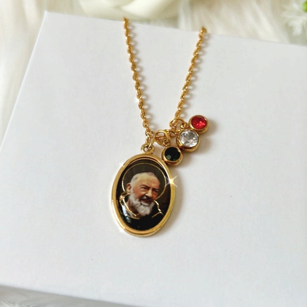 Italian Padre Pio Pendant Necklace with CZ Detail, Italian Flag St. Pio Gift, Miraculous Medal, Catholic Jewlery for Women, Pio Pietrelcina