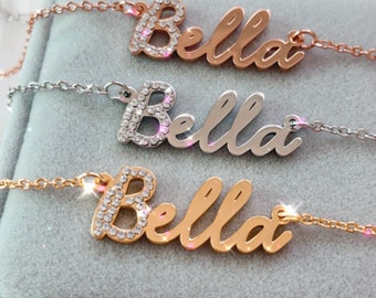 The ‘Bella and the Bling’ Necklace , Beautiful Italian Script Necklace, ‘Bella’ Necklace w. Crystal Detail - Gold/Rose Gold/Silver