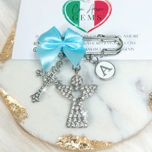 Boy or Girl Personalized Baptism Pin, Cross and Guardian Angel Pin for Baby, Stroller Pin with Angel, Holy Cross for Baby, Christening Gift