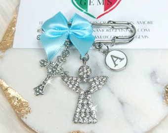 Boy or Girl Personalized Baptism Pin, Cross and Guardian Angel Pin for Baby, Stroller Pin with Angel, Holy Cross for Baby, Christening Gift