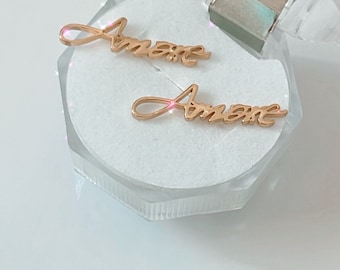 Boucles d'oreilles Amore avec inscription personnalisée en or ou en argent, bijoux italiens, cadeau italien, fierté italienne, boucles d'oreilles d'amour, bas de Noël