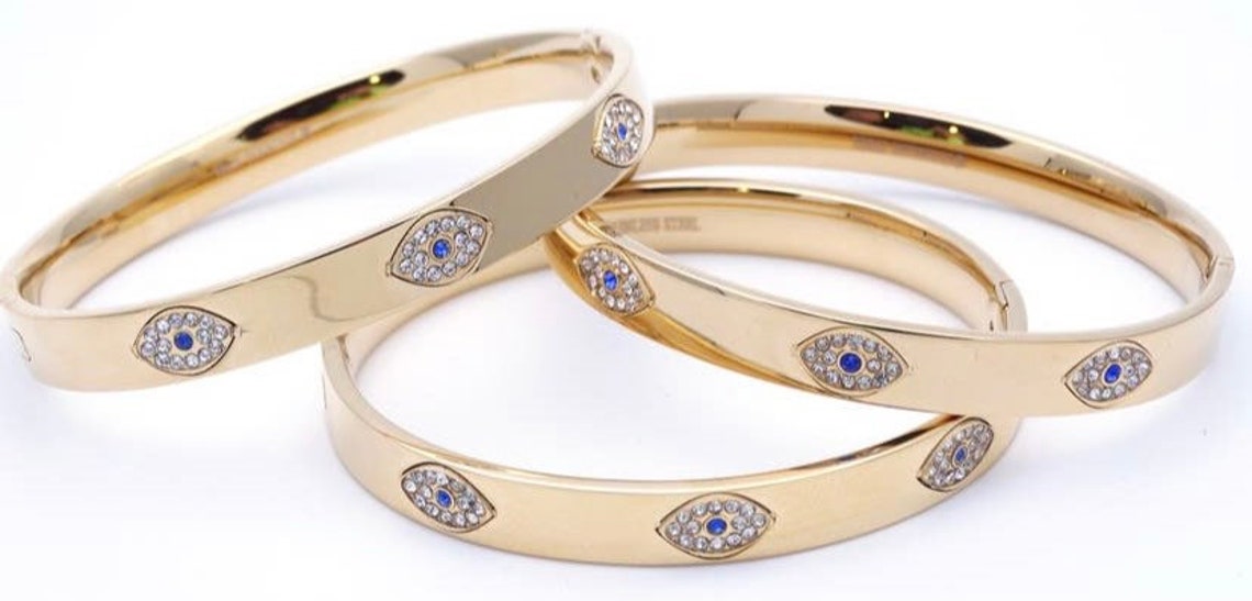 Gold Evil Eye Bangle Bracelet with Crystal Detail & Stainless Etsy