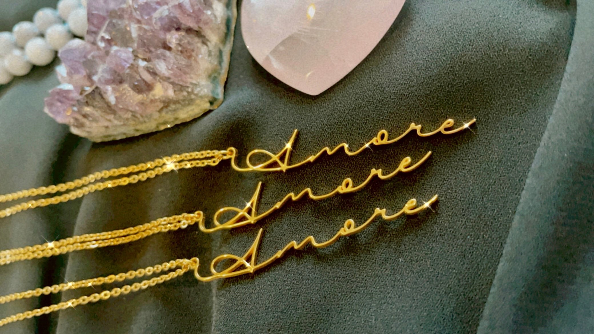 The Amore Script Necklace w. Vertical Handwriting, Dainty Italian Love Necklace, Italian Jewelry, Italian Gift for Women