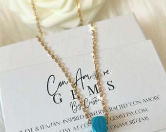 The ‘Turquesa’ Evil Eye and Cornicello Necklace, Turkish Glass Evil Eye, Turquoise Cube Bead for Evil Eye Protection, Delicate Gold Chain