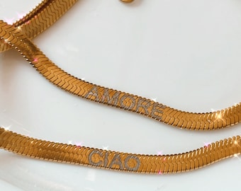 The ‘CIAO’ and ‘AMORE’ Hidden Message Gold Snake Chain, Italian Snake Chain Custom Engraved Necklace, Herringbone Chain Letter Necklace