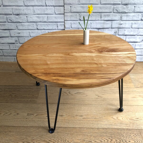 Solid Ash Table! Handmade Hardwood Coffee Table. Round Coffee Table on black Hair Pin Legs. Hand Sustainable  Up-cycled Wood. Hand Oiled.