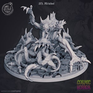 May include: A 3D printed miniature of a gray, multi-legged creature with sharp claws and a spiky head. The creature is standing on a circular base with a textured surface. The text "273. Mh'azhod" is printed above the creature. The text "COSMIC HORROR COLLECTION" is printed below the creature.