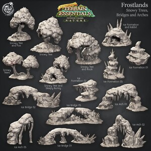 May include: A set of 3D printed miniature terrain pieces for tabletop games, featuring snowy trees, ice formations, bridges, and arches. The pieces are designed to create a wintery landscape for fantasy or science fiction games.