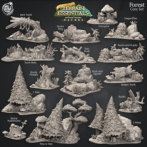 May include: A set of 3D printed miniature terrain pieces for tabletop games, featuring a variety of forest elements like trees, rocks, and stumps. The set includes a pine tree, a pine tree with a bird's nest, a broken trunk, a stump with flowers, a stump with mushrooms, a bent trunk, a torn trunk, rocks with a frog, rocks with a porcupine, rocks and plants, a rock with a squirrel, and two pine trees.