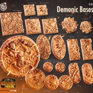 May include: A set of 14 demonic themed miniature bases for tabletop gaming. The bases are made of resin and come in a variety of shapes and sizes, including square, round, and oval. The bases are all detailed with skulls, bones, and other demonic imagery. The bases are perfect for use with miniatures from any game system.