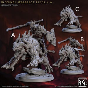 May include: A digitally rendered image showcasing three variations of a fantasy miniature. The central figure depicts a rider on a warbeast, while two other versions show the warbeast alone and with a different rider. The figures are gray and detailed.