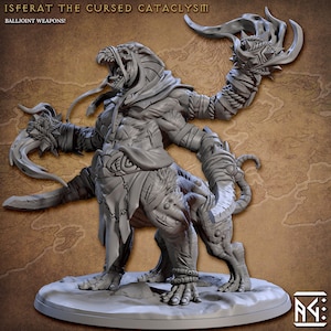 Puede incluir: Figura gris detallada de una criatura monstruosa con cuerpo felino y torso humanoide. La figura tiene garras afiladas, una lengua de serpiente y está adornada con vendas y cuerdas. El texto "ISFERAT THE CURSED CATACLYSM" es visible en la parte superior.