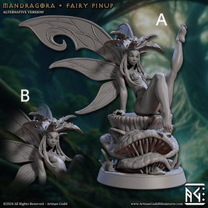 May include: A grey resin figurine of a fairy pinup from the Mandragora collection. The fairy is seated on a mushroom, with one leg raised. The figurine has large, detailed wings and a floral headdress. The text "MANDRAGORA + FAIRY PINUP" is visible.