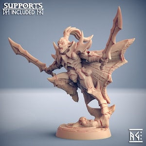 May include: A detailed miniature figurine of an elf warrior, sculpted in a light brown color. The elf is wearing armor and holding a sword in each hand. The figurine is posed in a dynamic action pose, with the elf's legs spread apart and the sword raised above its head. The figurine is set on a circular base.