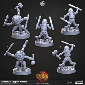 May include: Five grey 3D printed miniature figures of a robot-like creature with a round head and multiple limbs. The figures are posed in different positions, each holding a weapon or tool. The figures are printed on a circular base.