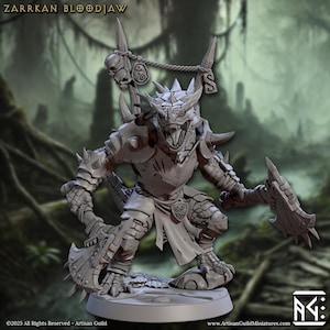 May include: A detailed miniature figure of Zarrkan Bloodjaw, a reptilian humanoid warrior. The figure is gray, with armor, a spiked shield, and a large axe. The figure has a menacing expression and is posed in a battle stance.
