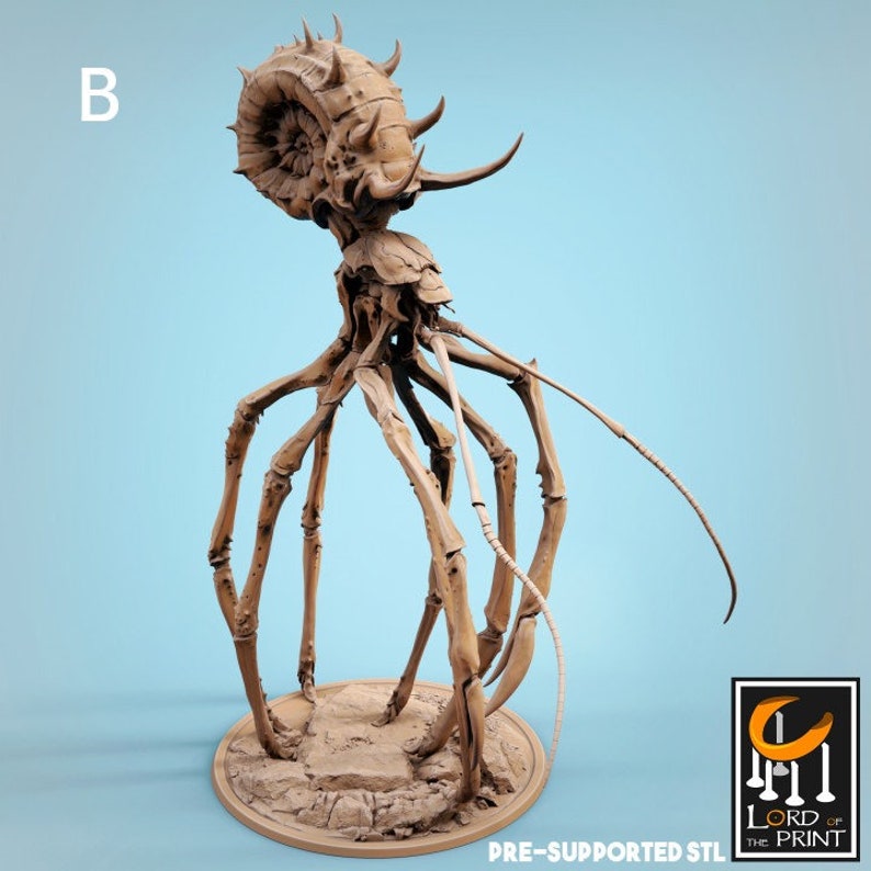 May include: A 3D printed model of a skeletal, multi-legged creature with a spiral shell on its head. The model is printed in a light brown color and is standing on a circular base. The model is labeled "B" and "PRE-SUPPORTED STL" in the image.