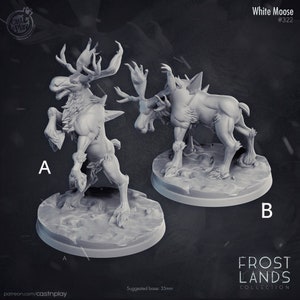 May include: Two 3D printed miniature white moose figures, one standing on its hind legs and the other standing on all fours. The figures are posed in a dynamic way, with the moose on its hind legs appearing to be charging. The figures are printed in a light grey colour and have a smooth, detailed finish. The figures are set on a circular base, which is also printed in a light grey colour. The figures are labelled "A" and "B" and the text "White Moose #322" is visible in the upper right corner of the image. The text "FROST LANDS COLLECTION" is visible in the lower right corner of the image.