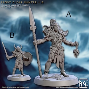 May include: Two detailed miniature figures of Frost Alfar Hunters. One figure holds a spear and a skull, the other holds a sword and shield. The figures are on circular bases. Text on the image reads "FROST ALFAR HUNTER + A" and "30MM BASE - ALTERNATIVE VERSION! MODULAR BALL-JOINTS!"