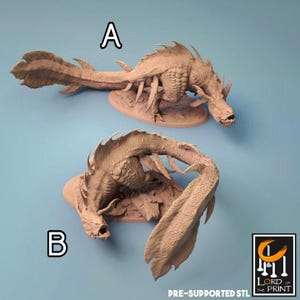 May include: Two beige dragon figurines are shown against a light blue backdrop. The models, labelled A and B, have intricate scale and fin details, with multiple legs. The image also includes the "Lord of the Print" logo.