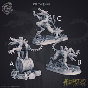 May include: Three 3D printed miniatures of grotesque, mutated creatures with mechanical parts. The creatures are posed in dynamic stances and are labeled A, B, and C. The miniatures are part of the "Sewers of Thamarya Collection".