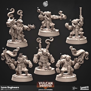May include: Six 3D printed miniature figures of dwarves in various poses, wearing steampunk-inspired armour and holding tools and weapons. The figures are designed for tabletop gaming and are printed in a light grey colour. The figures are labelled with letters A through F.