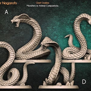 May include: Four beige miniature figurines of giant snakes labelled A, B, C, and D. Each snake features detailed scales, an open mouth with visible fangs, and a coiled body. The text Maneater Nagarots, Giant Snakes, and Monsters or Animal Companions is visible.