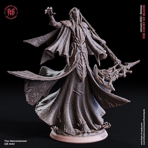 Könnte beinhalten: Eine detaillierte Miniatur eines dunkelhäutigen Nekromanten mit einer langen, fließenden Robe und einer großen Axt. Die Miniatur ist 25 mm hoch und Teil der "The Court of Blood"-Kollektion.