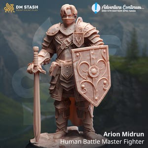 Peut inclure: Une figurine miniature d'un guerrier maître de combat humain, Arion Midrun, portant une armure et tenant une épée et un bouclier. La figurine est peinte en brun clair.