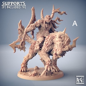 May include: A detailed miniature figurine of a warrior riding a wolf. The warrior is holding a large axe and is wearing armor. The wolf is snarling and has sharp teeth. The figurine is made of a light brown plastic and is ready to be painted.