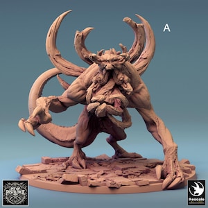May include: A detailed, 3D printed miniature of a monstrous creature with a fleshy, gnarled body, multiple limbs, and a twisted, gaping maw. The creature is posed in a menacing stance, with its claws extended. The miniature is painted in a muted, flesh-tone color.