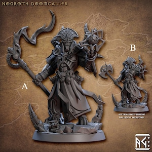 May include: A gray 3D printed miniature of a skeletal figure with horns, wearing a robe and holding a staff. The figure is standing on a rocky base. The miniature is labeled "Nogroth Doomcaller" and has an alternative version with balljoint weapons.